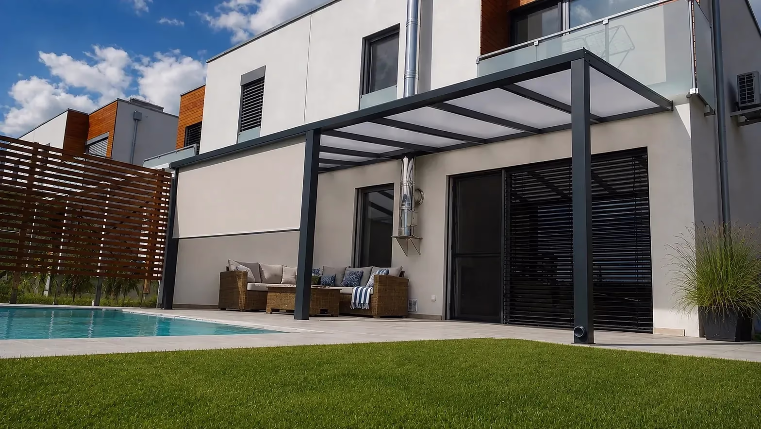 Anthrazitfarbene Aluminiumpergola Basic Class am Pool mit Rattanmöbeln