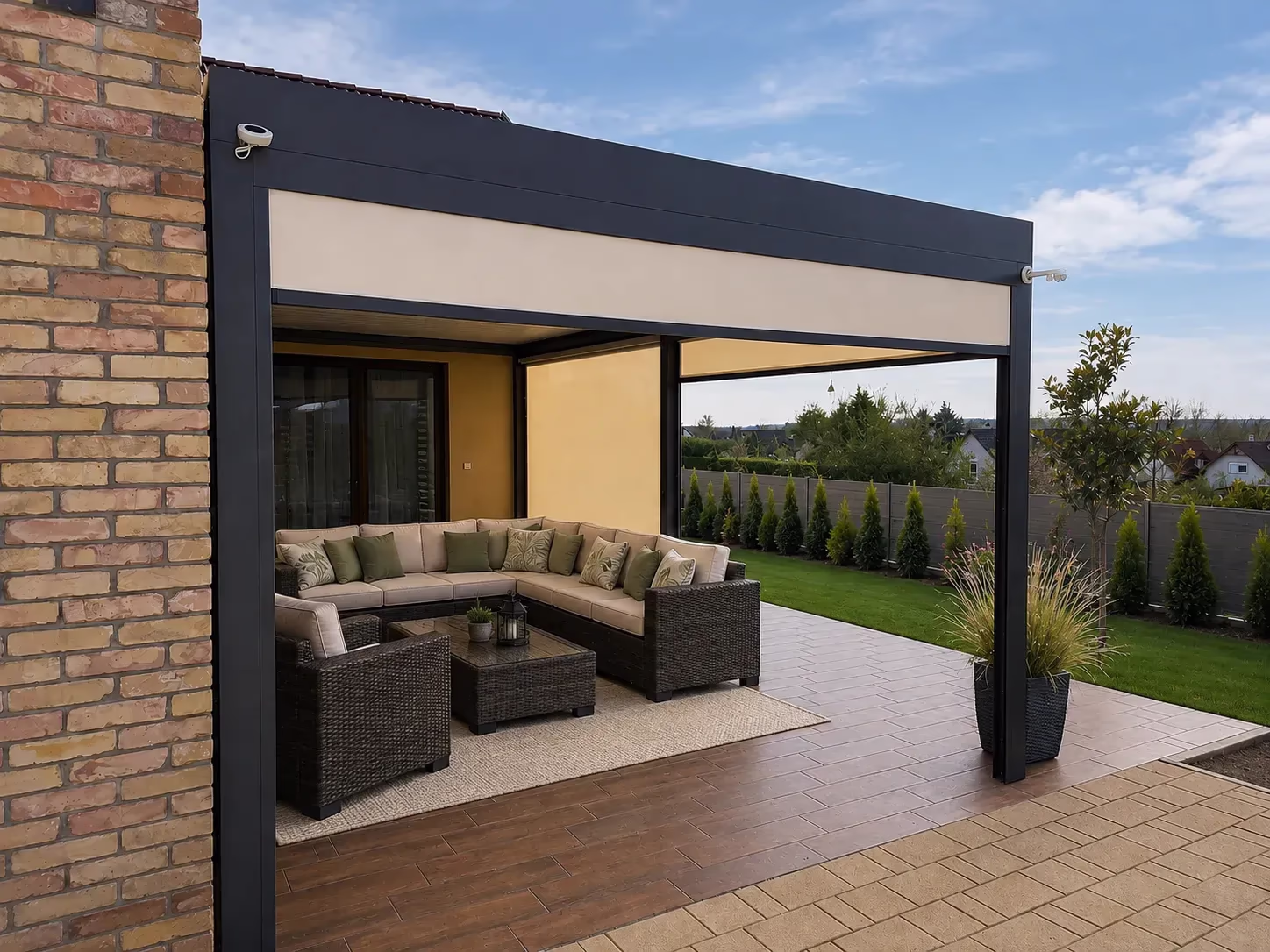 Anthrazitfarbene bioklimatische Aluminiumpergola mit Rollschutz über einer Terrasse neben einem Backsteinhaus