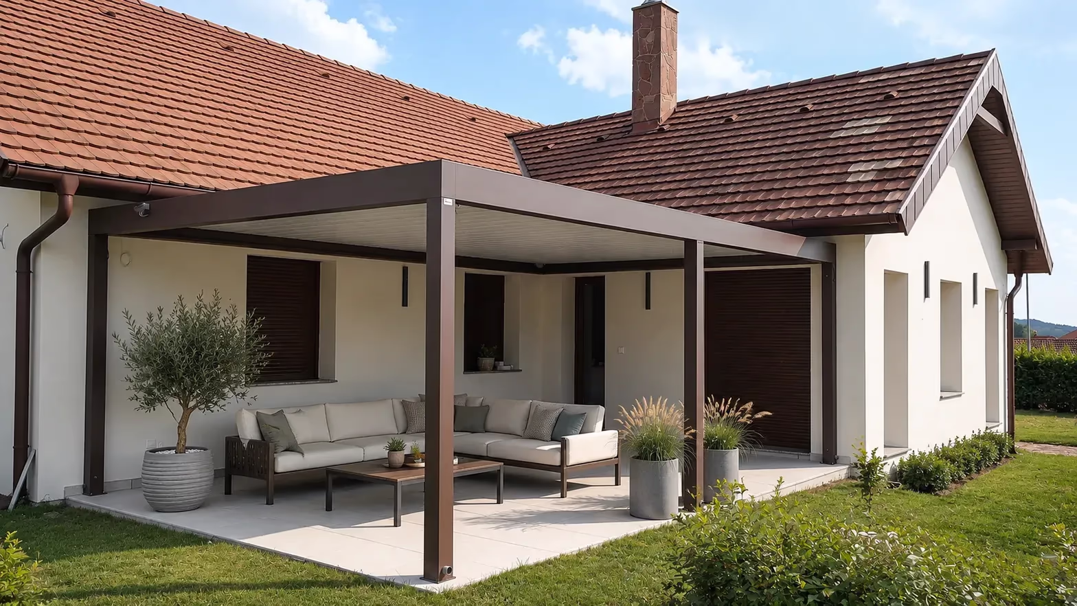 Bioklimatische Aluminiumpergola über einer Terrasse neben einem Haus mit Ziegeldach