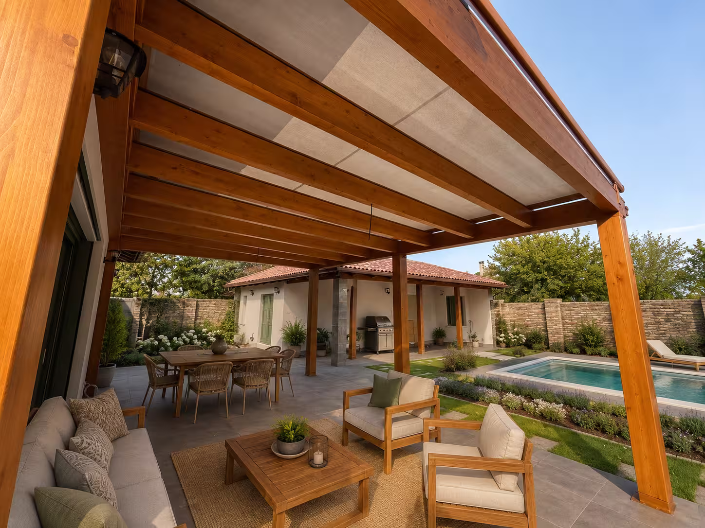 Formstabile Konstruktion der Holzpergola Kartago aus Brettschichtholz
