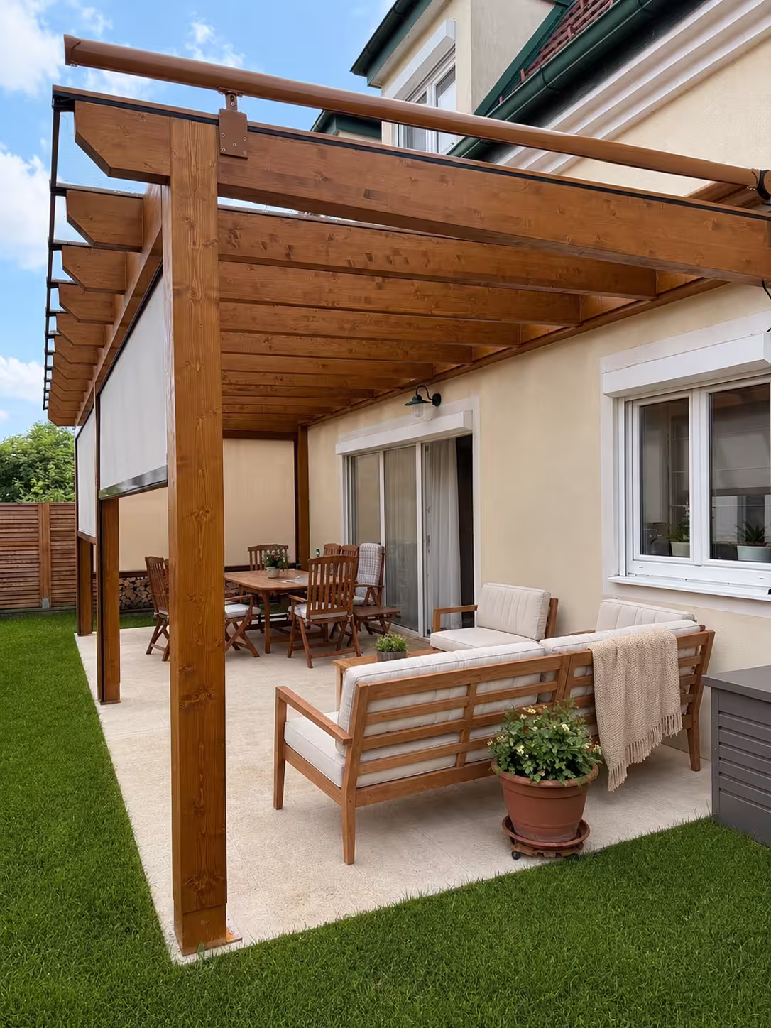 Holzpergola Kartago mit Screen-Markisen und Gartensitzgruppe