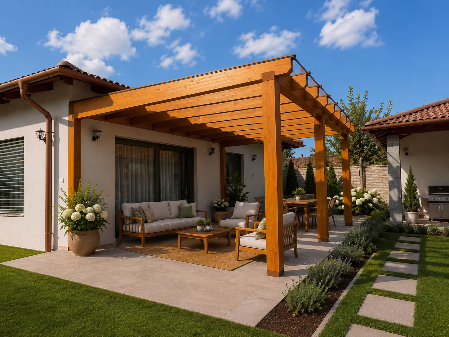 Holzpergola Kartago mit Schrägdach über einer Terrasse
