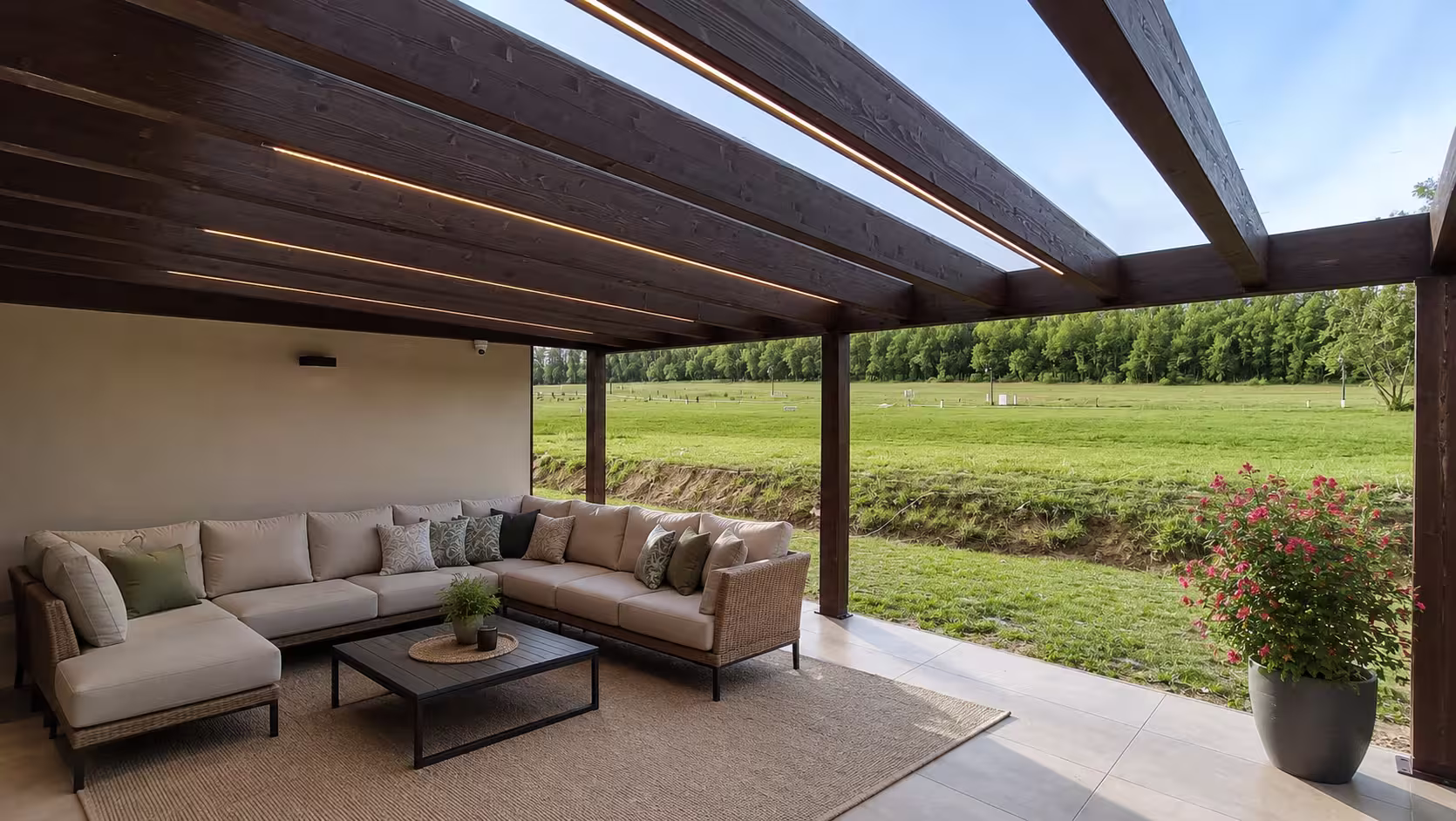 Holzpergola Milano mit integrierter LED-Beleuchtung und Ecksofa